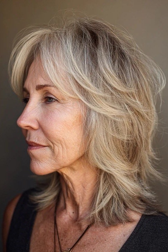 Ash blonde layered shag haircut for older women