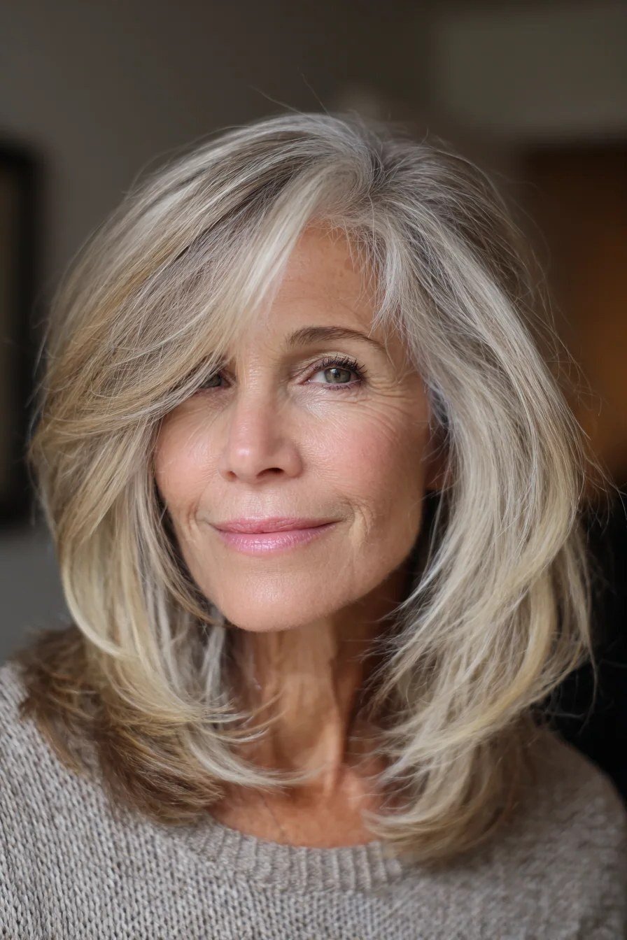 Silver blonde shoulder length layered haircut for women over 60