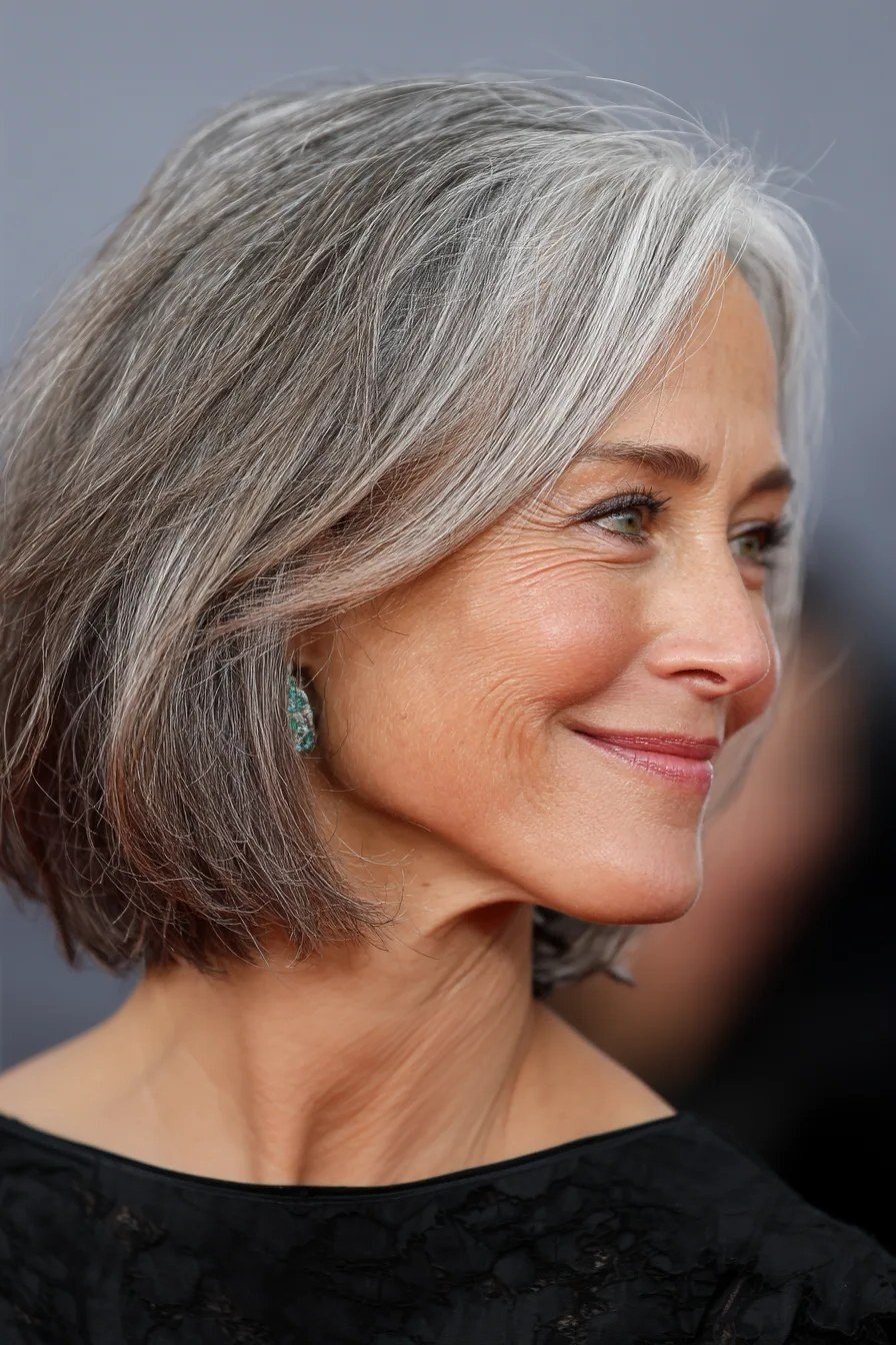 Gray textured layered bob haircut for women over 60