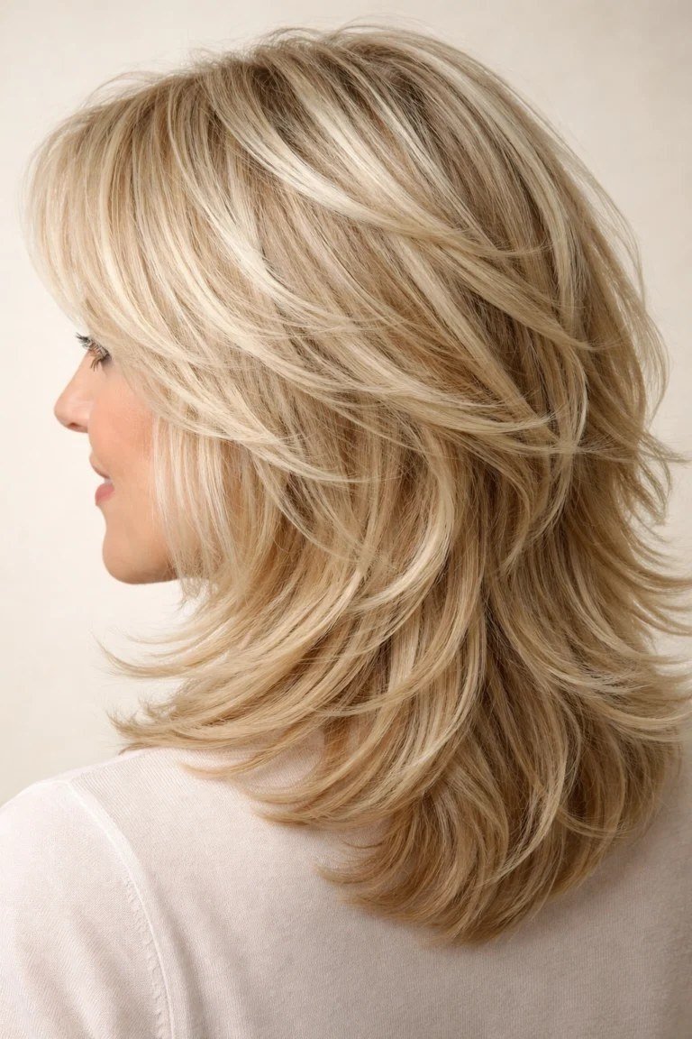 Blonde layered shag haircut for older women