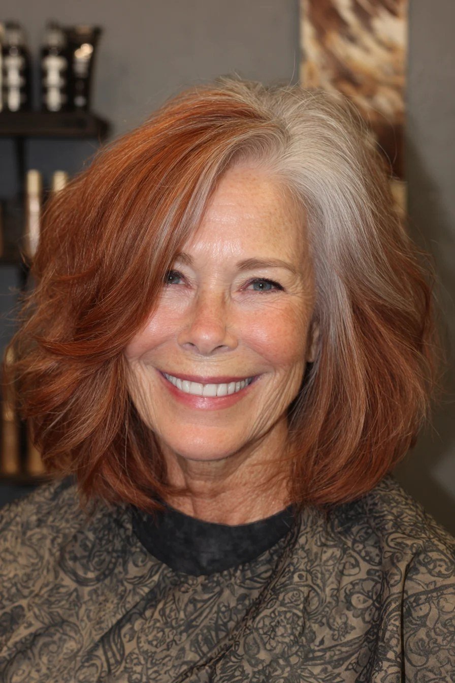 Copper red layered bob haircut for women over 60
