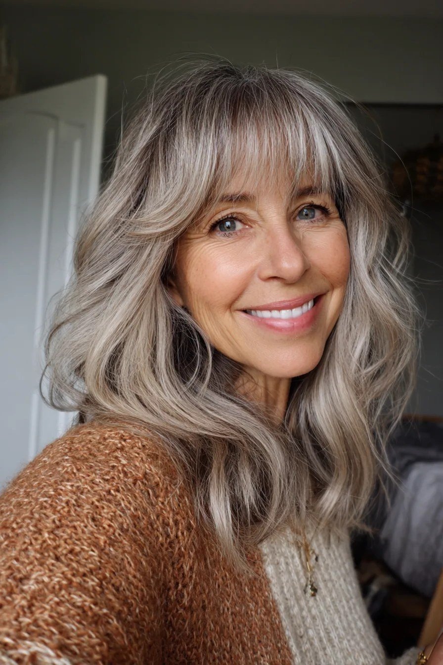 Gray wavy layered medium haircut with bangs for women over 60
