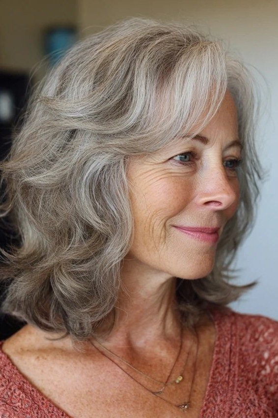 Silver wavy layered lob haircut for older women