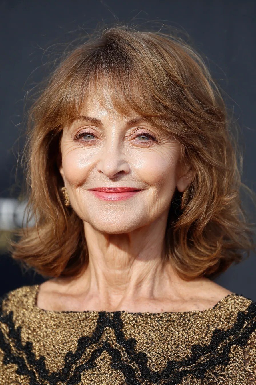 Chestnut layered bob with bangs for women over 60