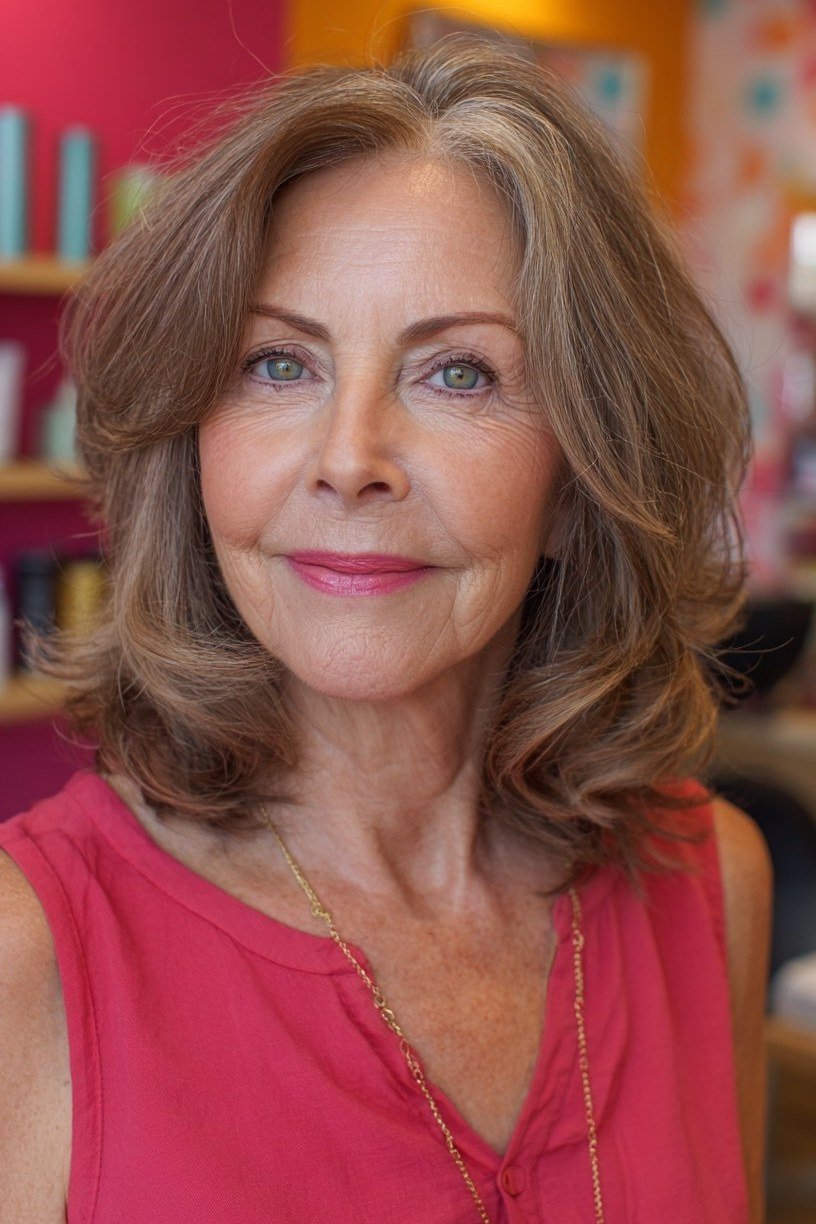 Light brown shoulder length layered hair for women over 60