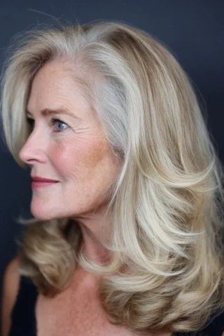 White blonde side swept layered medium hair for women over 60
