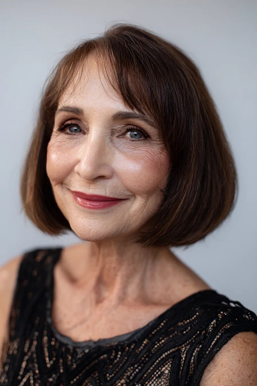 Dark brown bob with bangs for women over 60