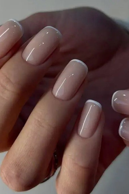 Timeless Nude Classic - micro french manicure with ultra-thin tip line, elegant nail design for women over 50