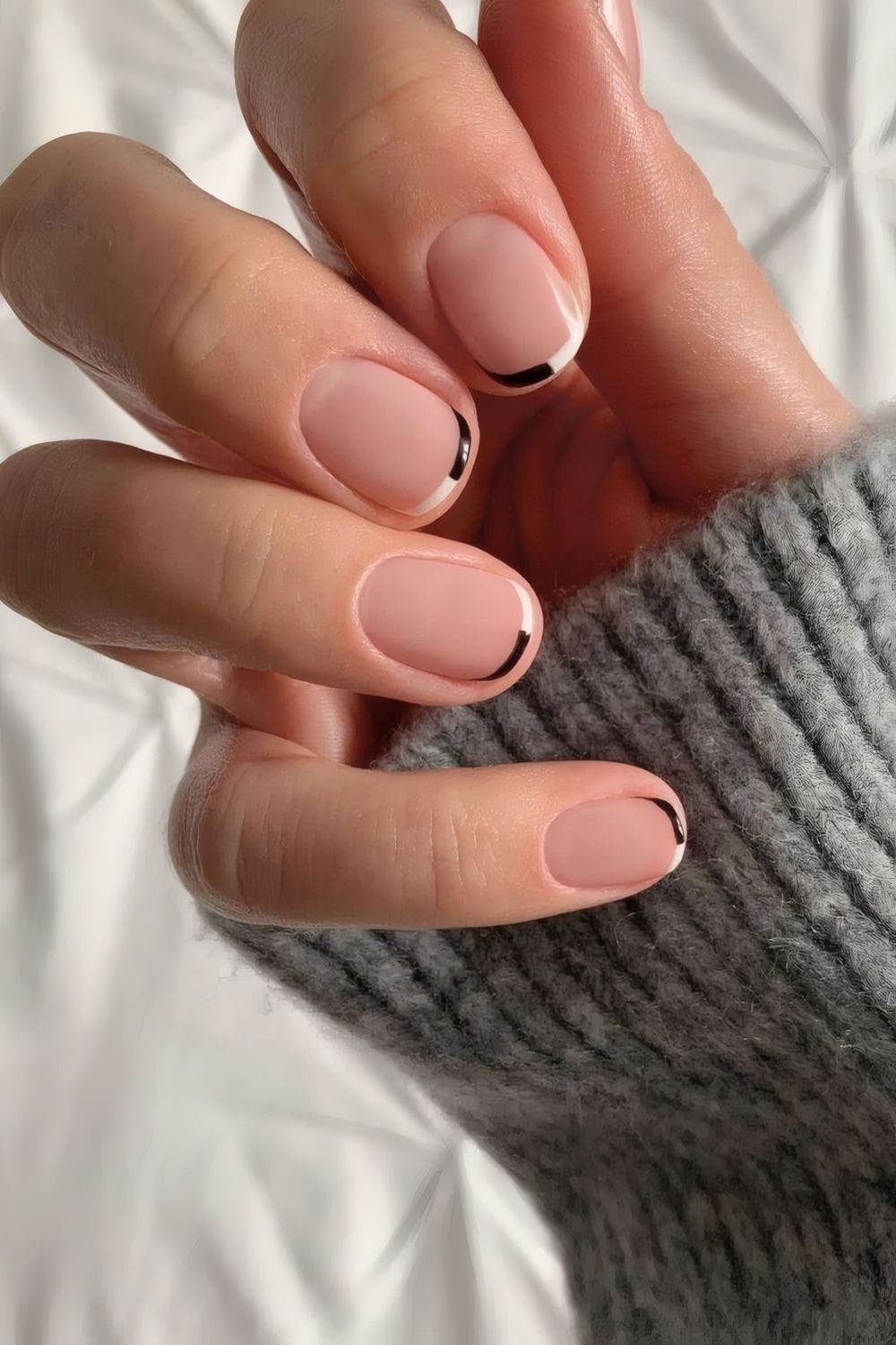 Edgy Black in Grey - micro french manicure with ultra-thin tip line, elegant nail design for women over 50