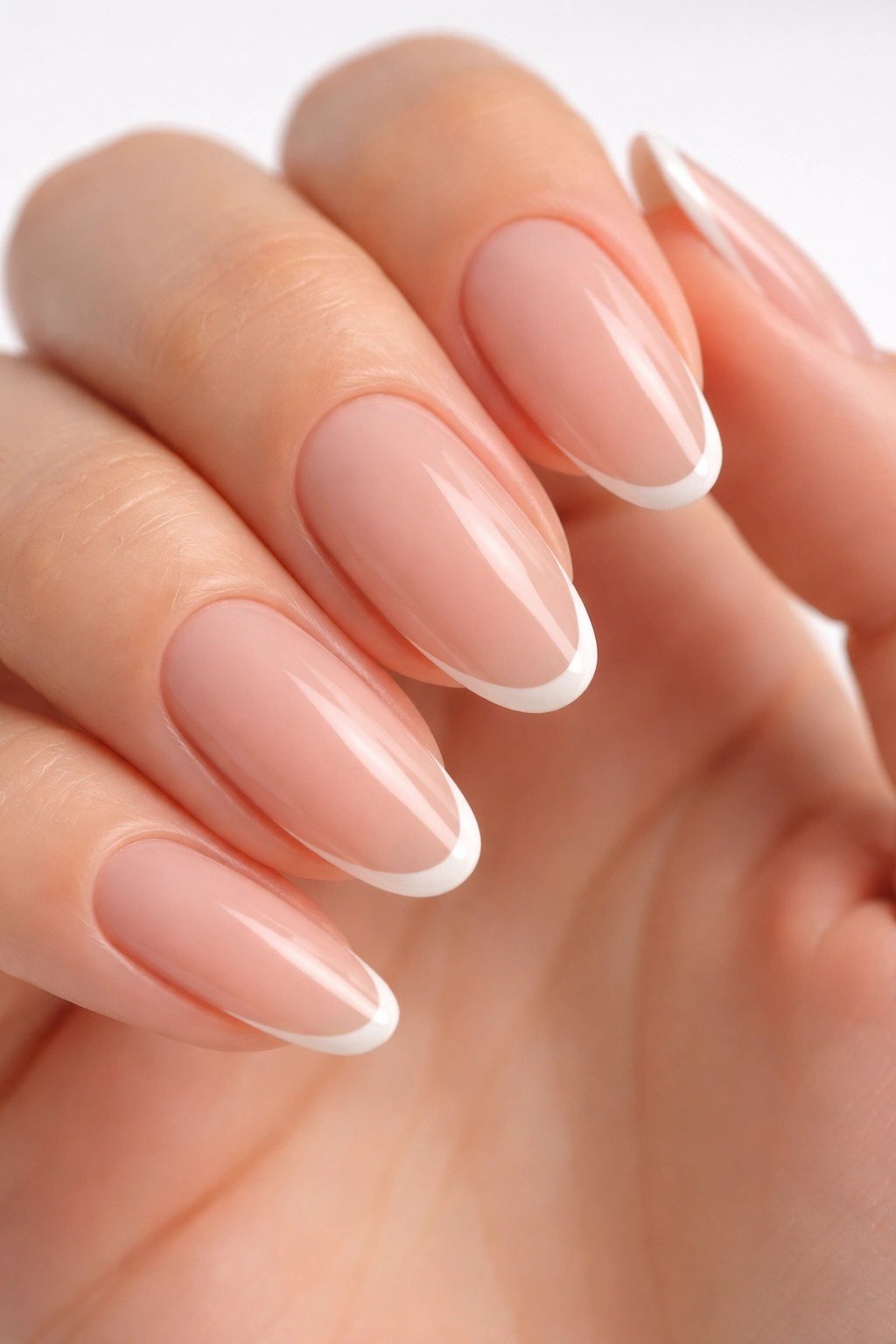 Elongated Almond Classic - micro french manicure with ultra-thin tip line, elegant nail design for women over 50