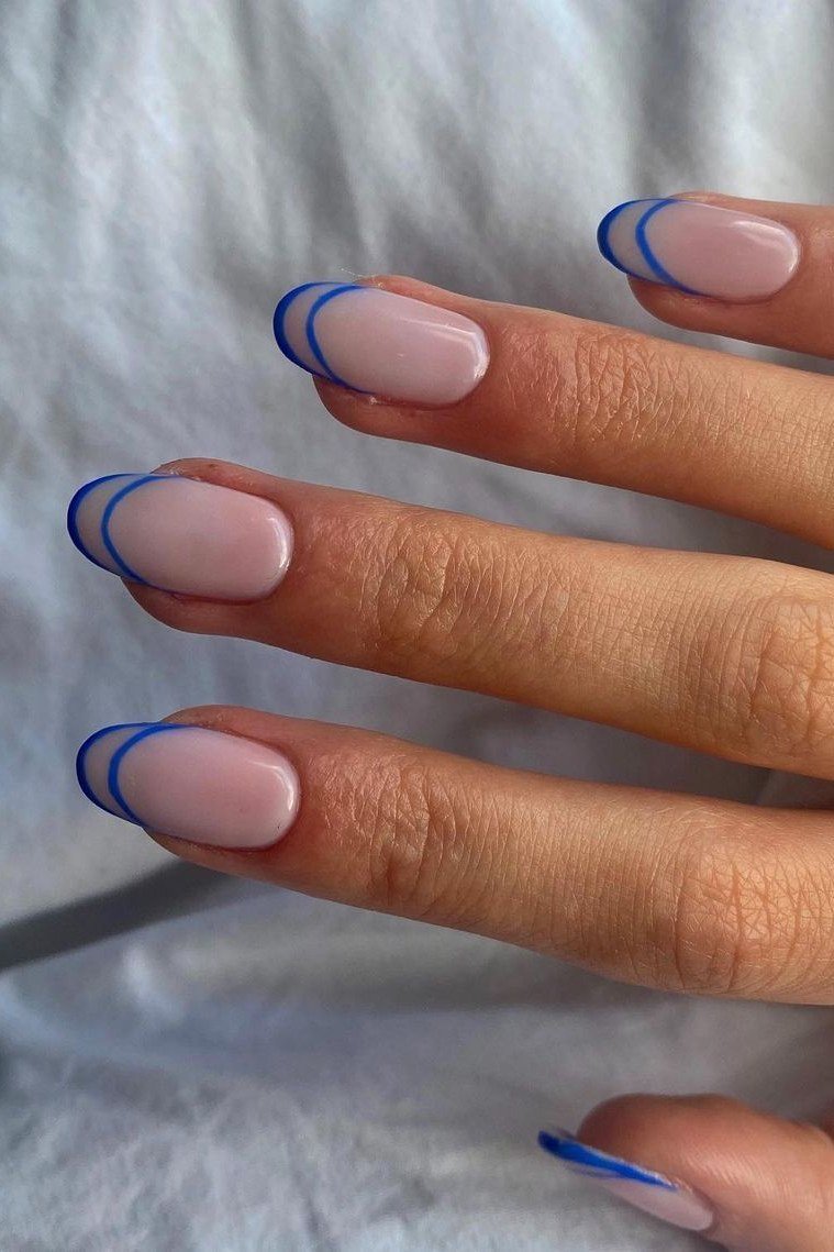 Cool Blue Pop - micro french manicure with ultra-thin tip line, elegant nail design for women over 50