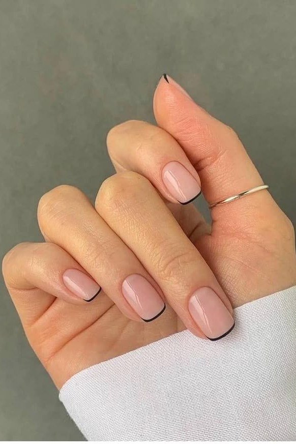Crisp Black Contrast - micro french manicure with ultra-thin tip line, elegant nail design for women over 50