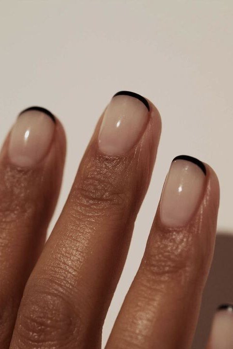 Bold Black Detail - micro french manicure with ultra-thin tip line, elegant nail design for women over 50