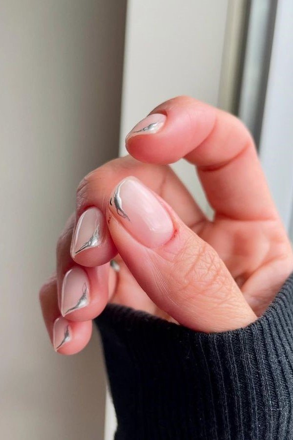 Metallic Silver Sheen - micro french manicure with ultra-thin tip line, elegant nail design for women over 50