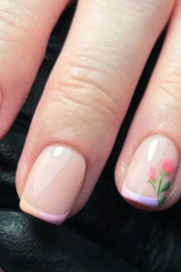 Delicate Garden Florals - micro french manicure with ultra-thin tip line, elegant nail design for women over 50