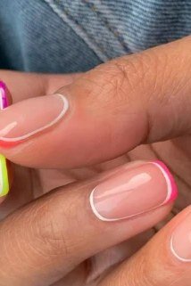 Vibrant Neon Rainbow - micro french manicure with ultra-thin tip line, elegant nail design for women over 50