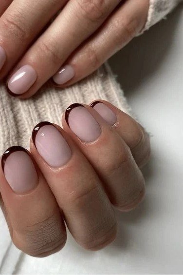Warm Earthy Brown - micro french manicure with ultra-thin tip line, elegant nail design for women over 50
