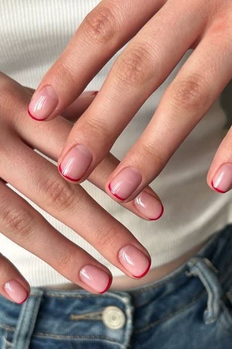 Romantic Red Accent - micro french manicure with ultra-thin tip line, elegant nail design for women over 50
