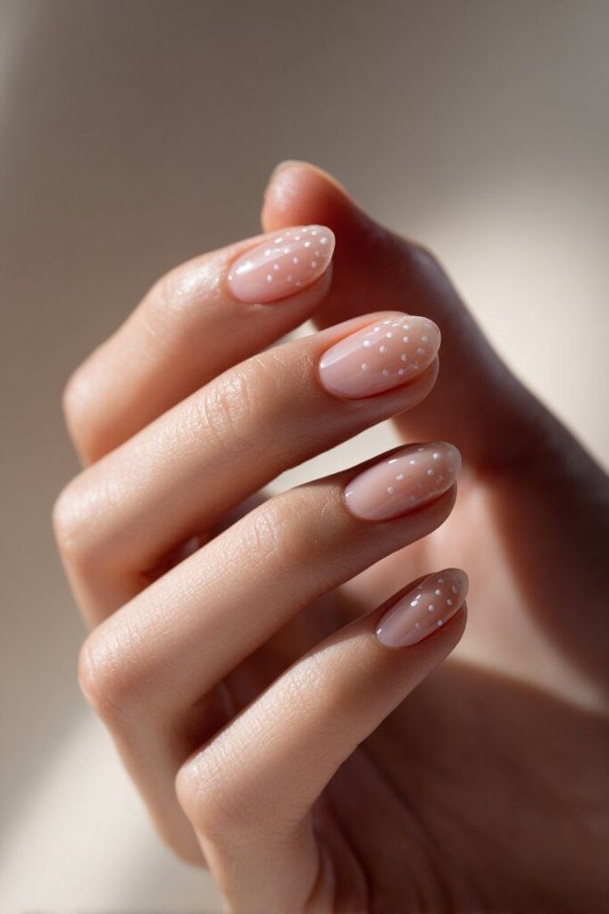 Sheer Nude with Scattered White Polka Dots minimalist nail art idea for women over 50