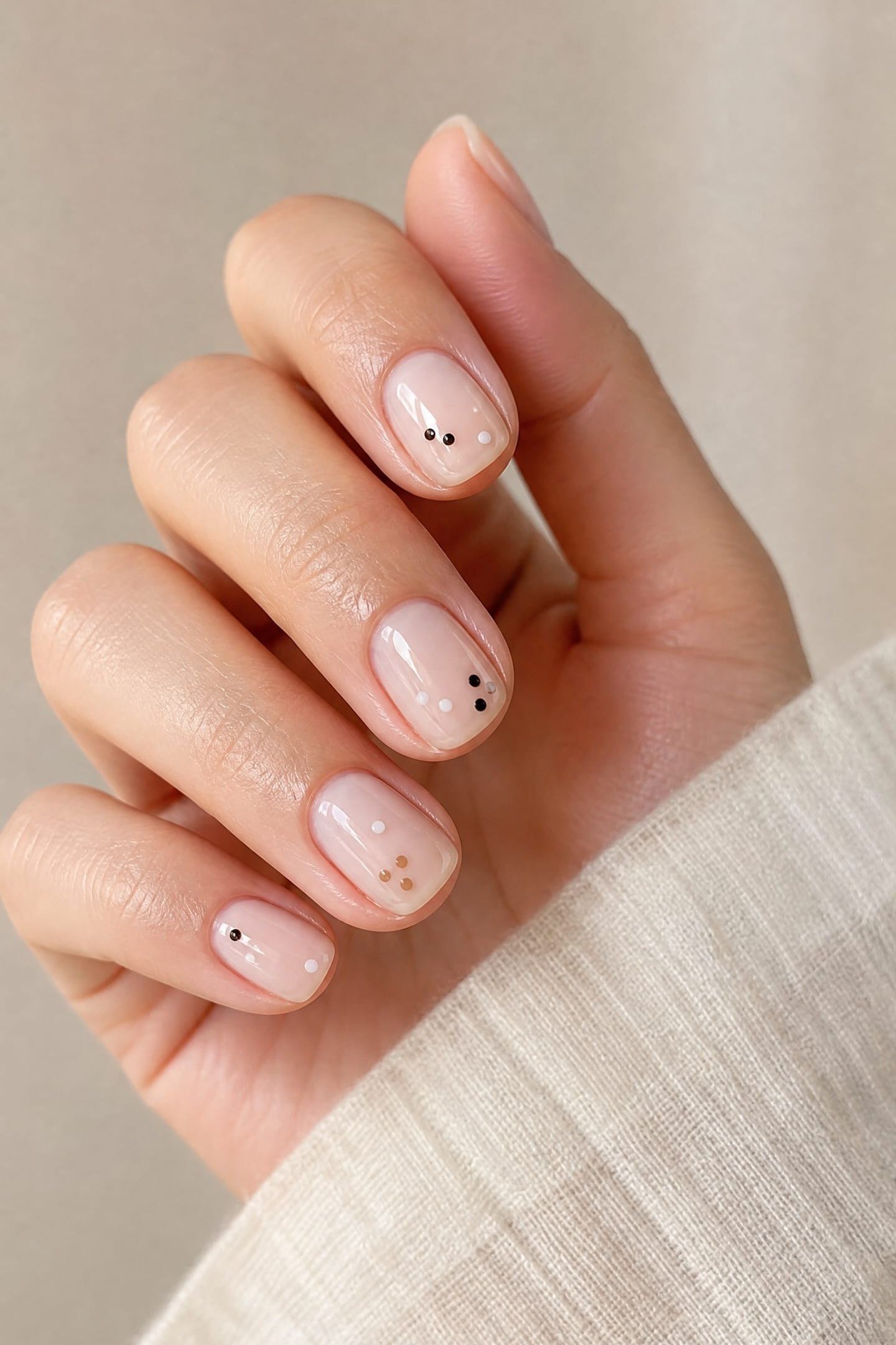 Sparse Tiny Black Dots on Nude minimalist nail art idea for women over 50