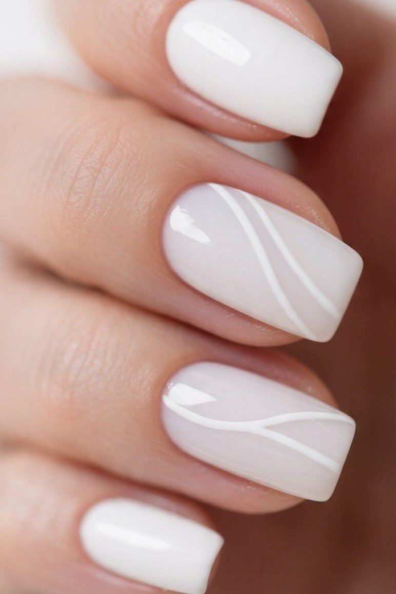 White Swirl Lines on White minimalist nail art idea for women over 50