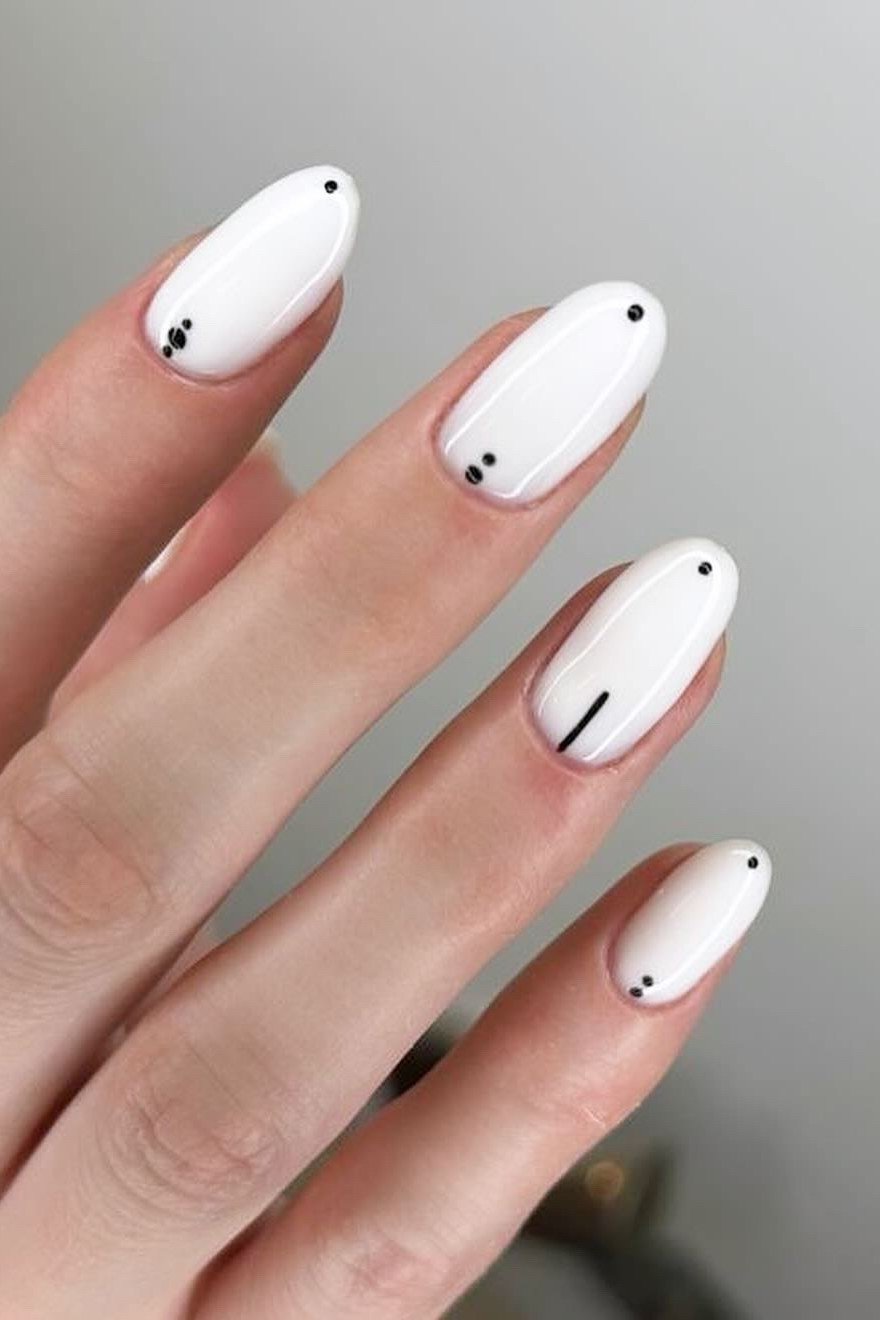 Black Dots and a Line on White Almond minimalist nail art idea for women over 50