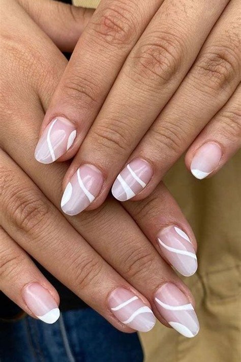 White Wave Lines on Nude minimalist nail art idea for women over 50