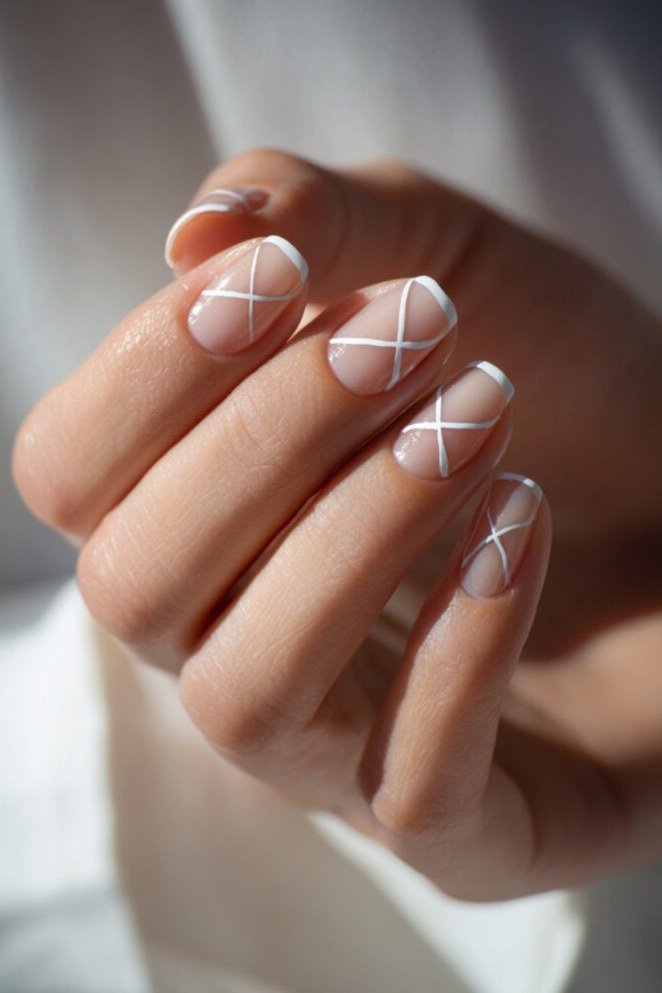 White X Geometric Lines minimalist nail art idea for women over 50