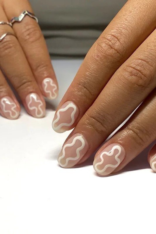 White Outline Wave Art minimalist nail art idea for women over 50