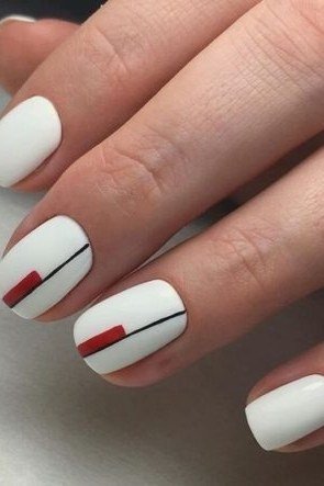 Black and Red Graphic Lines on White minimalist nail art idea for women over 50