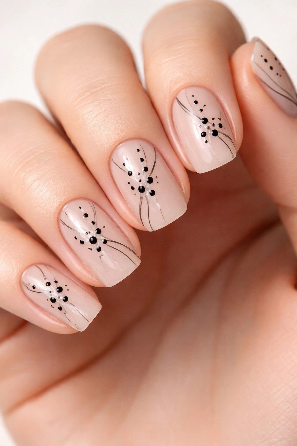 Black Botanical Stems with Dot Clusters minimalist nail art idea for women over 50