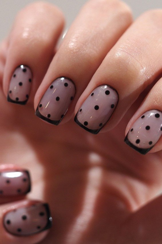 Black Dots with Black French Tips on Mauve minimalist nail art idea for women over 50