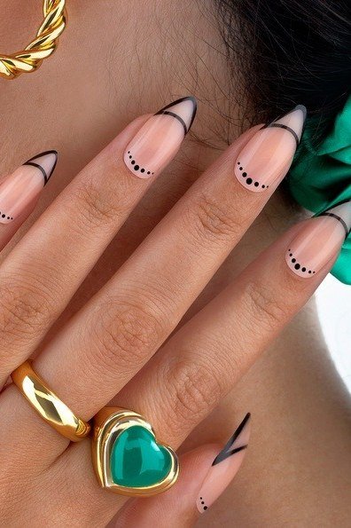 Black Outline Tips with Dotted Accents minimalist nail art idea for women over 50