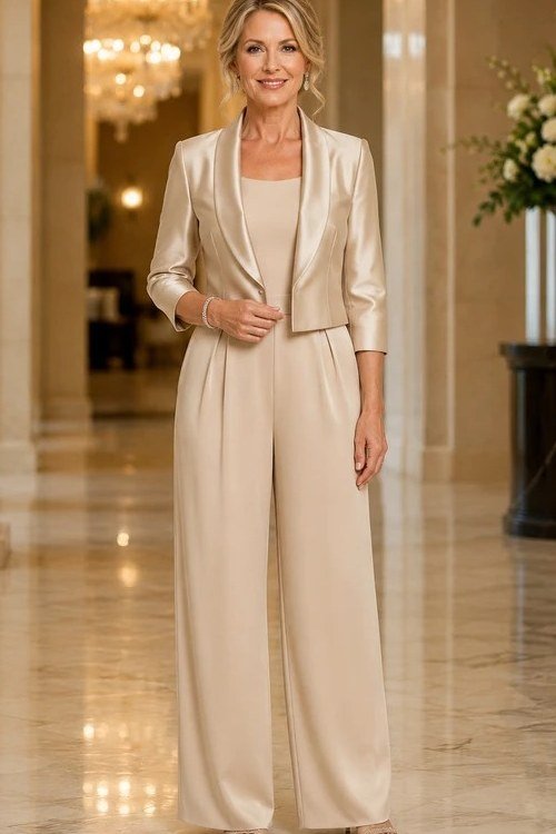 Champagne Satin Pantsuit - fall mother of the bride pantsuit for women over 50, elegant evening wedding outfit