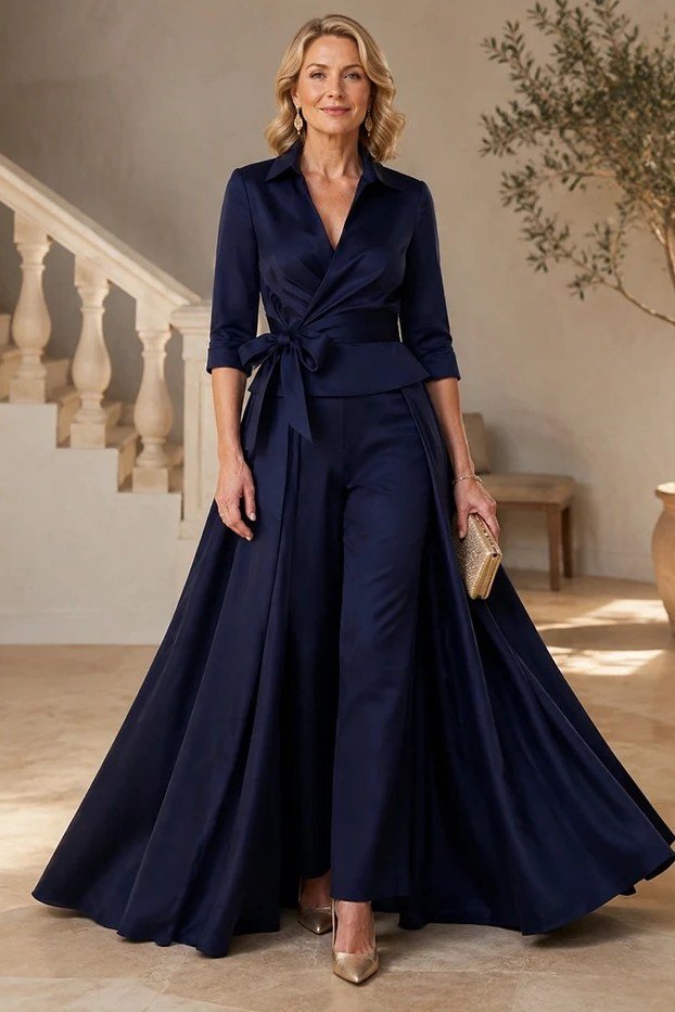 Navy Wrap Gown with Train - fall mother of the bride gown for women over 50, elegant evening wedding outfit