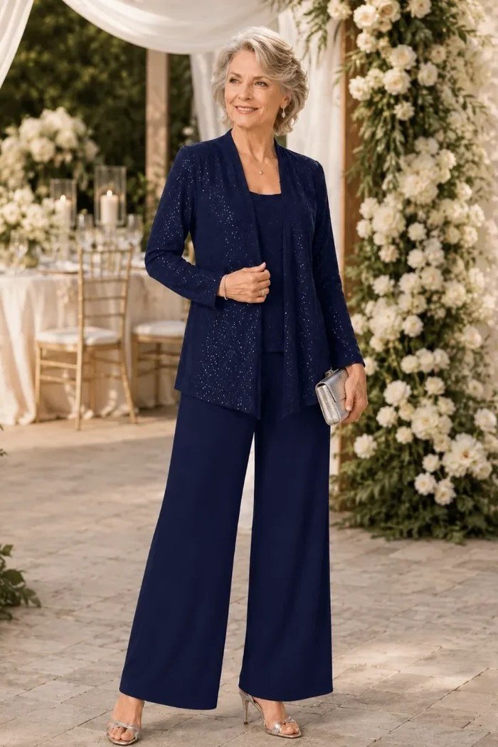 Navy Lace Panel Pantsuit - fall mother of the bride pantsuit for women over 50, elegant evening wedding outfit