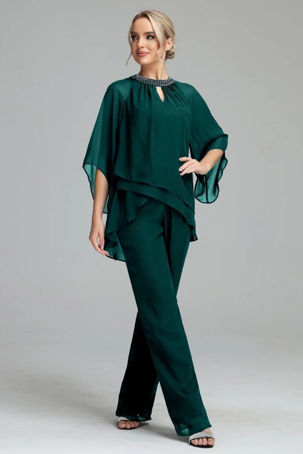 Emerald Green Cape Pantsuit - fall mother of the bride pantsuit for women over 50, elegant evening wedding outfit