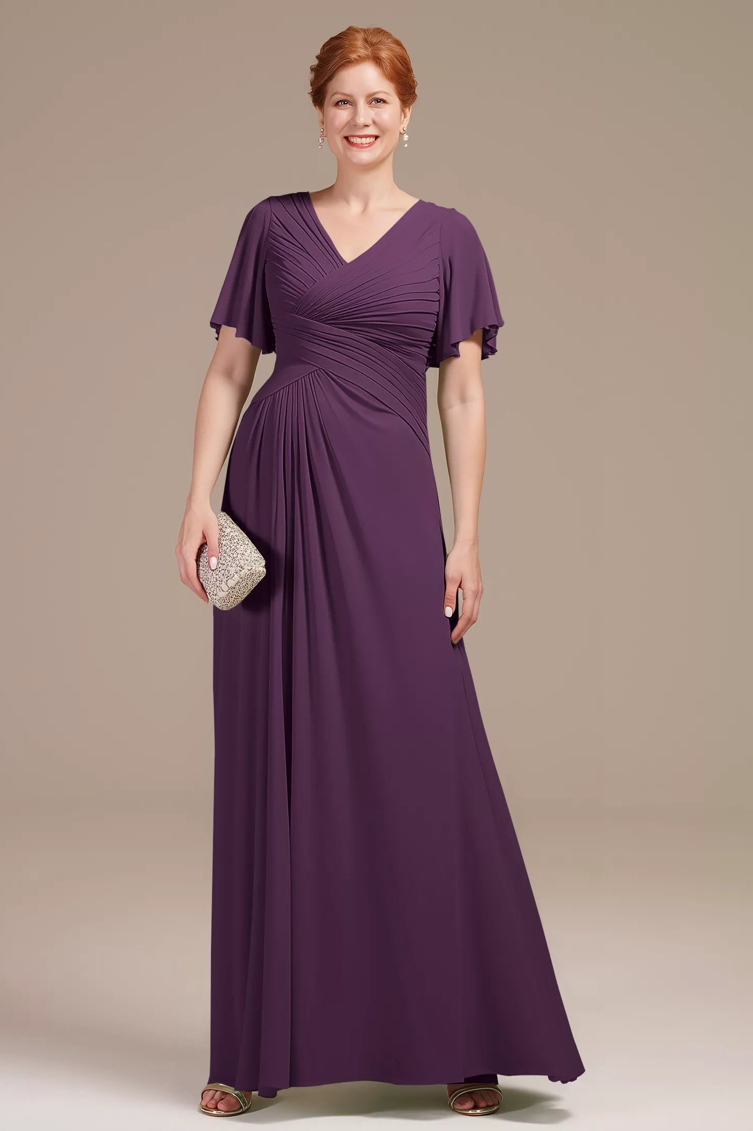 Plum V-Neck Evening Gown - fall mother of the bride gown for women over 50, elegant evening wedding outfit