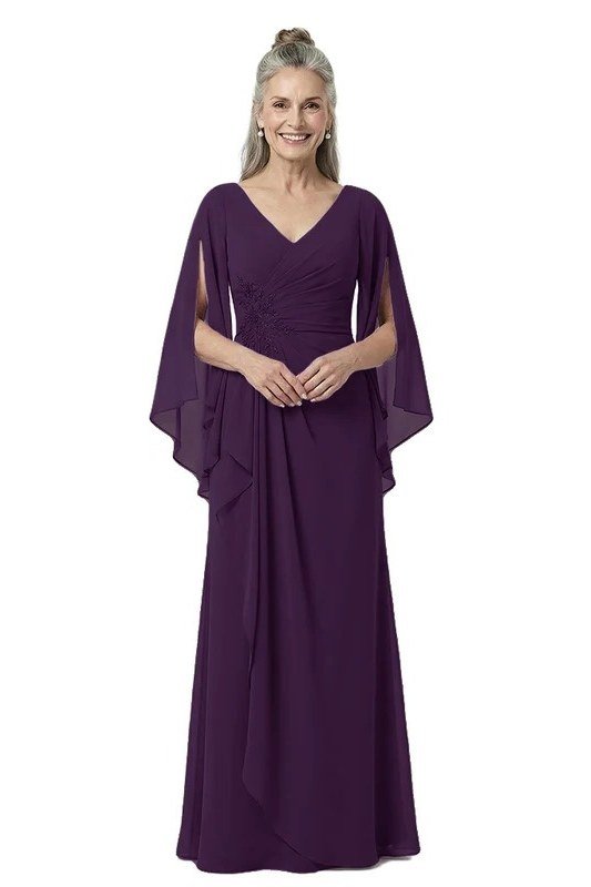 Plum Cape-Style Gown - fall mother of the bride gown for women over 50, elegant evening wedding outfit