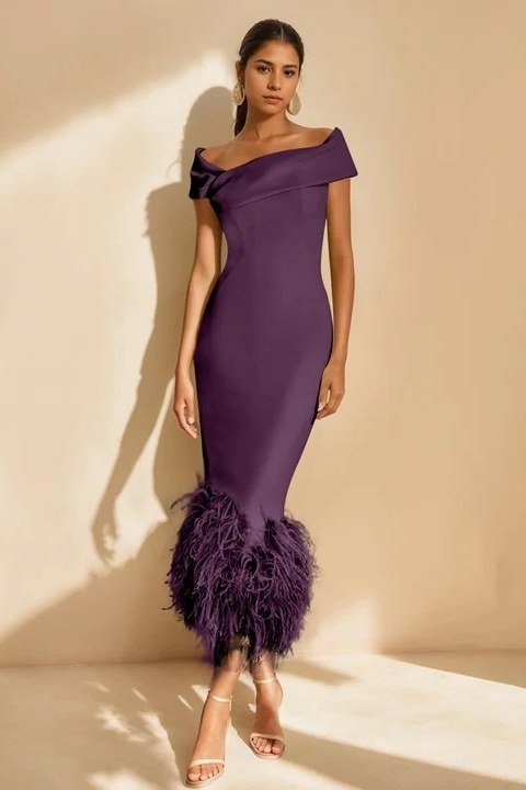 Plum Off-the-Shoulder Gown with Feather Hem - fall mother of the bride gown for women over 50, elegant evening wedding outfit