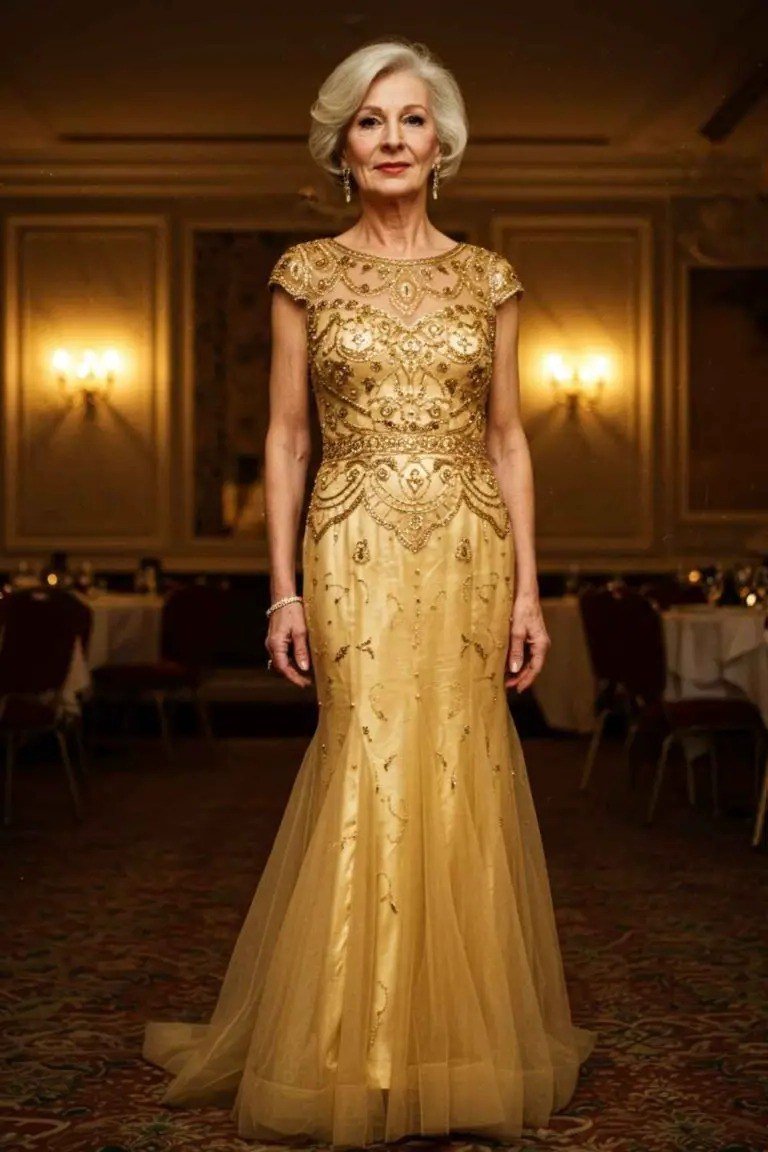 Gold Beaded Evening Gown - fall mother of the bride gown for women over 50, elegant evening wedding outfit