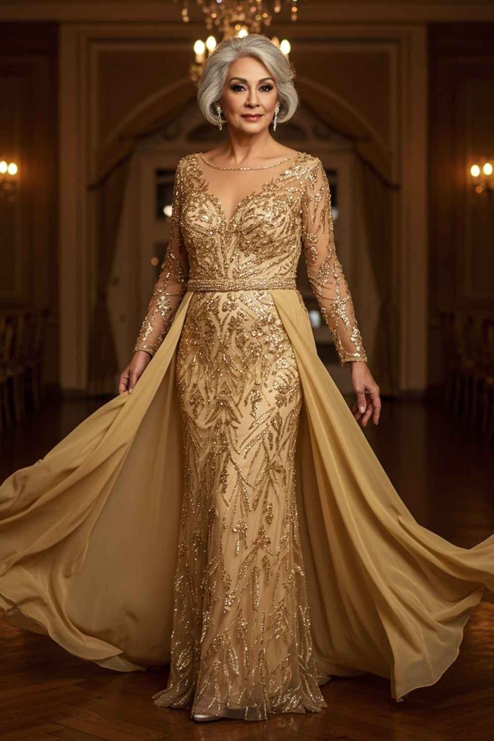 Gold Lace Ballgown with Overskirt - fall mother of the bride gown for women over 50, elegant evening wedding outfit