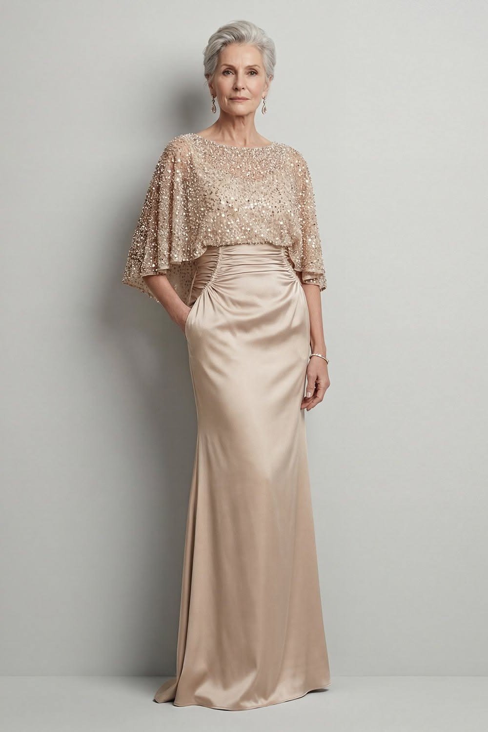 Champagne Satin Cape Dress - fall mother of the bride dress for women over 50, elegant evening wedding outfit