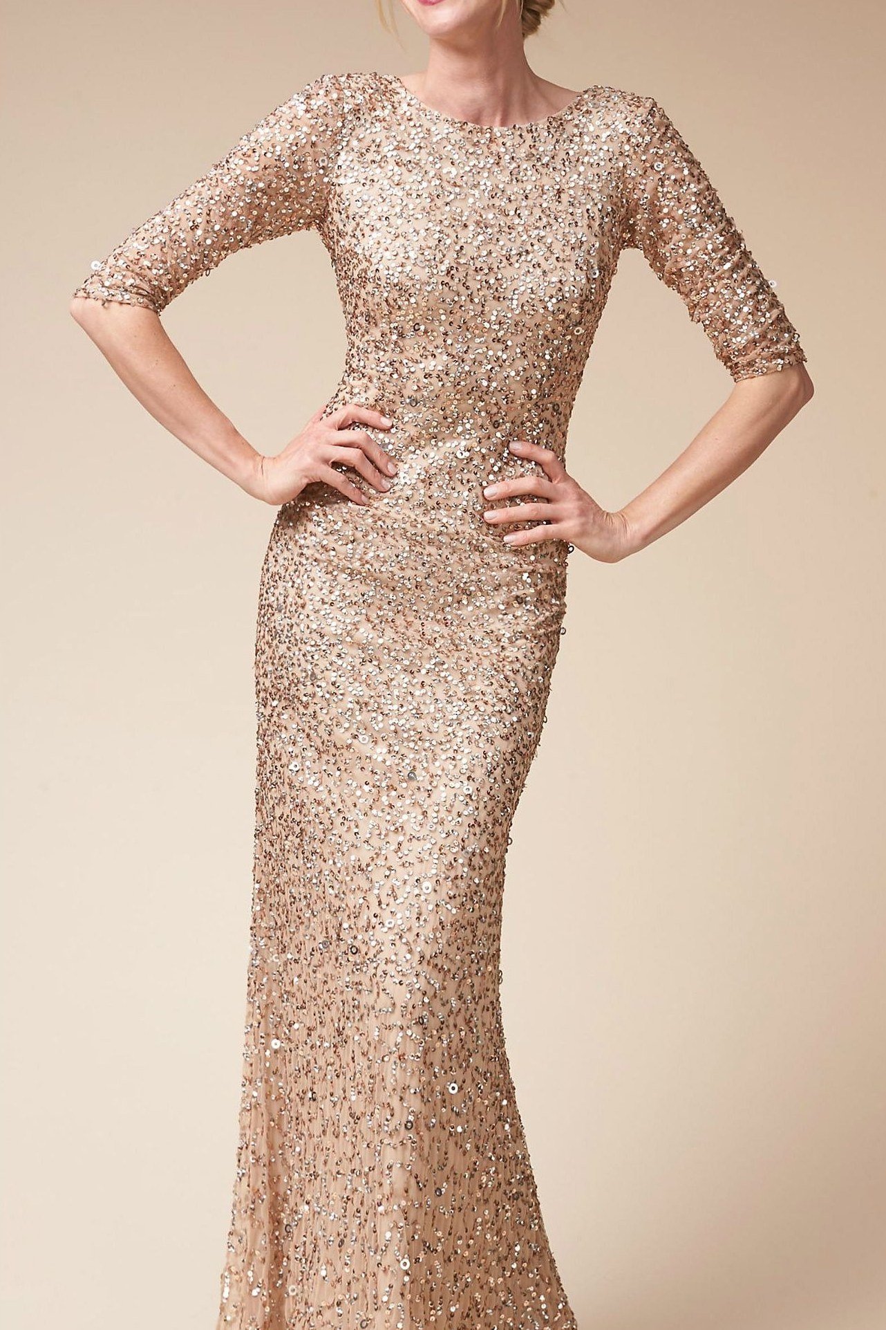 Rose Gold Sequin Gown - fall mother of the bride gown for women over 50, elegant evening wedding outfit