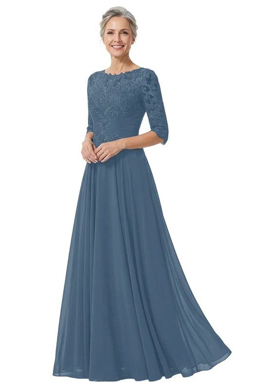 Dusty Blue Chiffon Gown - fall mother of the bride gown for women over 50, elegant evening wedding outfit