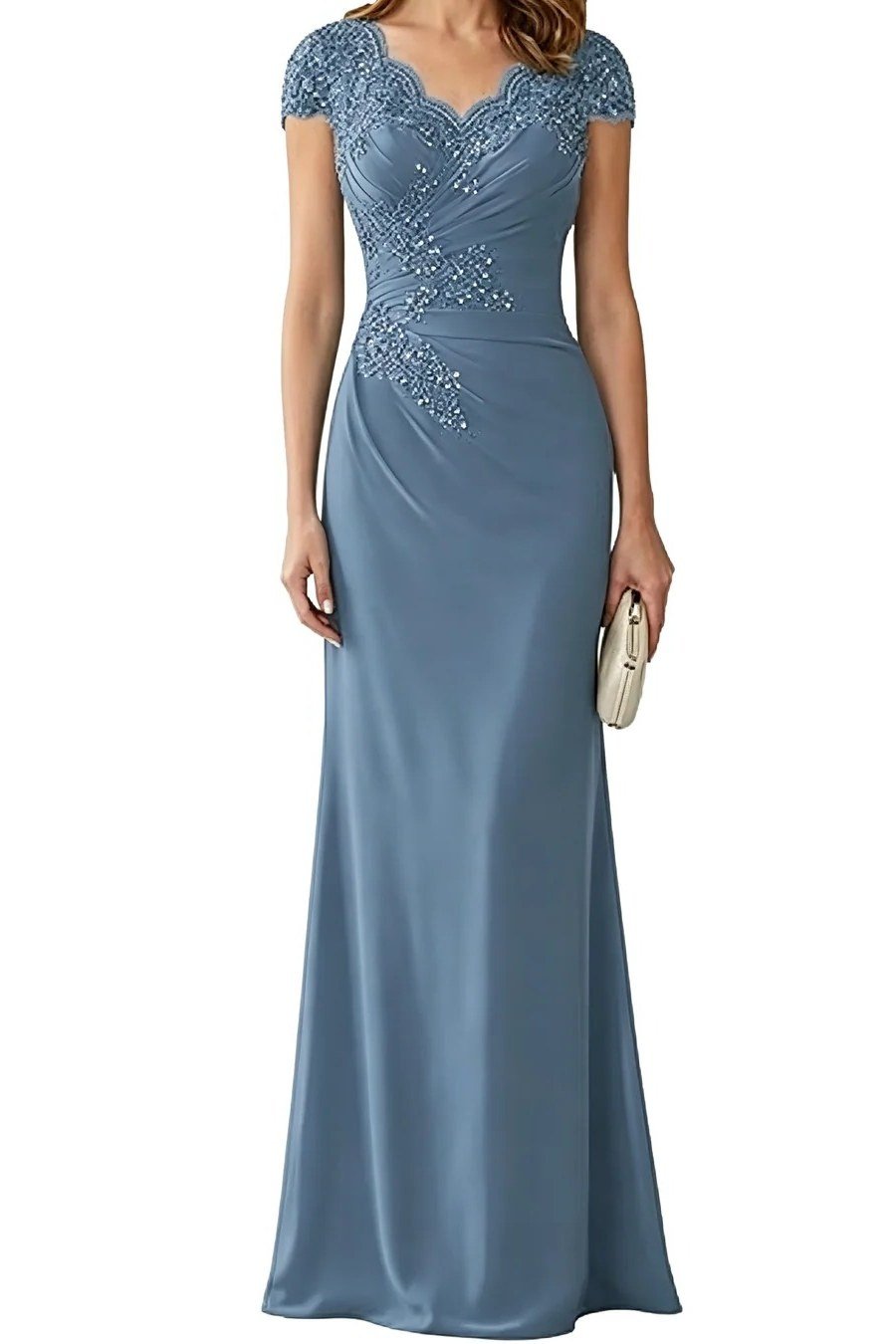 Steel Blue Beaded Gown - fall mother of the bride gown for women over 50, elegant evening wedding outfit