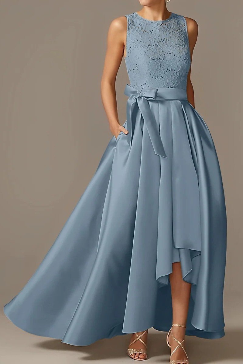 Dusty Blue High-Low Dress - fall mother of the bride dress for women over 50, elegant evening wedding outfit