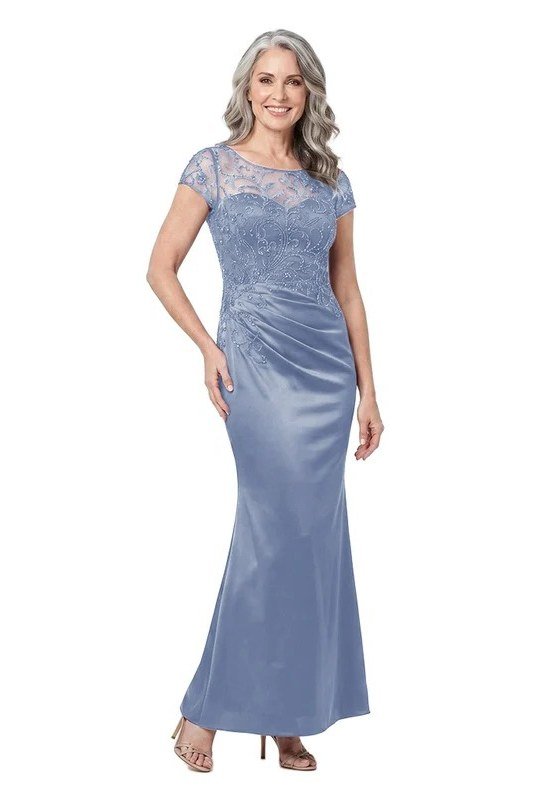 Dusty Blue Cape-Sleeve Gown - fall mother of the bride gown for women over 50, elegant evening wedding outfit