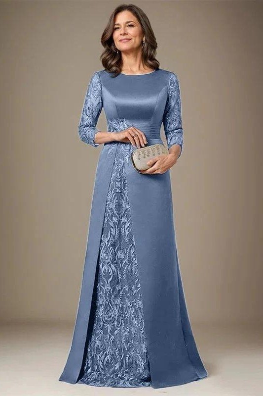 Navy Lace Panel Evening Gown - fall mother of the bride gown for women over 50, elegant evening wedding outfit
