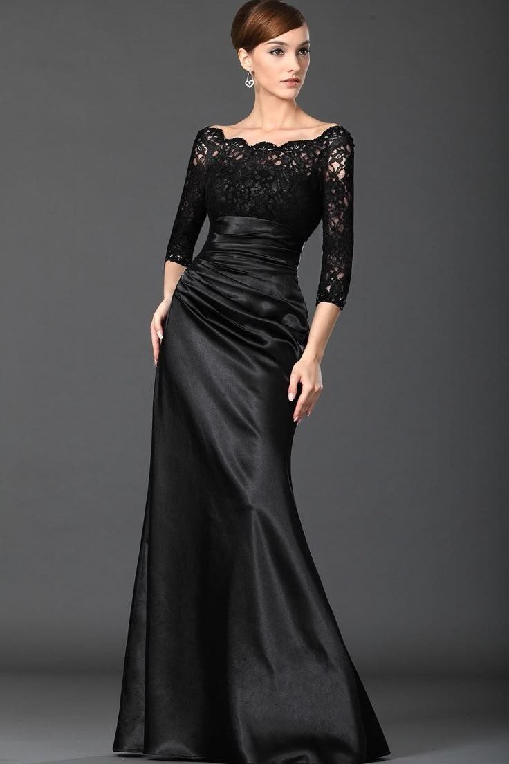 Black Satin Lace Mermaid Gown - fall mother of the bride gown for women over 50, elegant evening wedding outfit